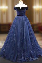 A-Line Blue Tulle Velvet Long Formal Prom Dress, Blue Formal Dress