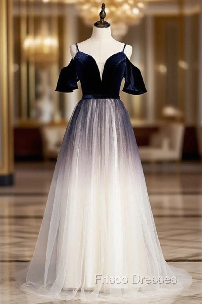 A-Line Blue Velvet Tulle Spagehtti Straps Long Formal Prom Dress