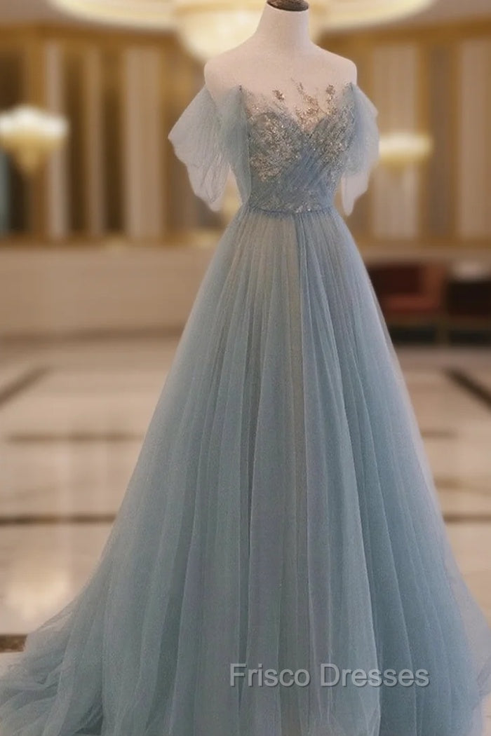 A-line Blue with Lace Applique Party Dress, Long Blue Formal Dress Formal Prom Dress Main image