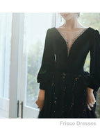 A-Line Bridesmaid Dress Jewel Neck Long Sleeve Elegant Floor Length Tulle / Velvet With Sequin / Bandage