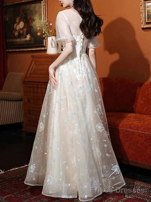 A-Line Bridesmaid Dress Jewel Neck Short Sleeve Elegant Floor Length Lace / Tulle With Appliques Secondary image