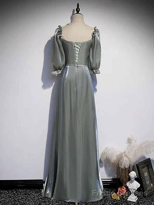 A-Line Bridesmaid Dress Square Neck Half Sleeve Elegant Floor Length Satin With Bow(S) / Beading Secondary image