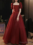 A-Line Bridesmaid Dress Square Neck Short Sleeve Elegant Floor Length Satin With Pleats