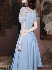 A-Line Bridesmaid Dress Square Neck Short Sleeve Elegant Knee Length Satin With Buttons / Pleats