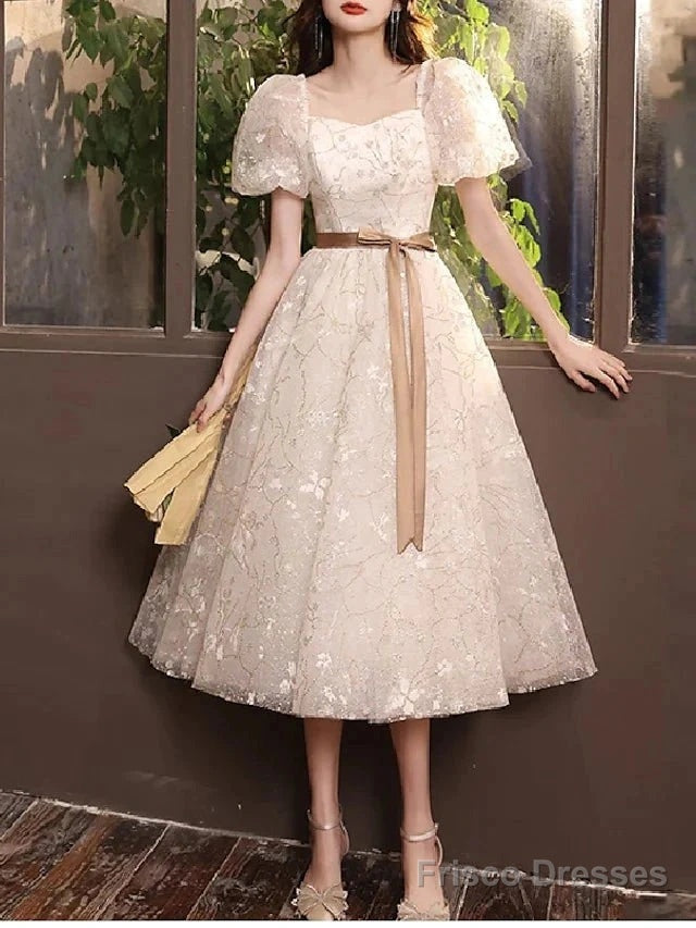 A-Line Bridesmaid Dress Square Neck Short Sleeve Elegant Tea Length Tulle With Bow(S) / Pleats Main image