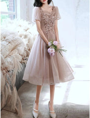 A-Line Bridesmaid Dress Square Neck Short Sleeve Elegant Tea Length Tulle With Sequin / Ruffles