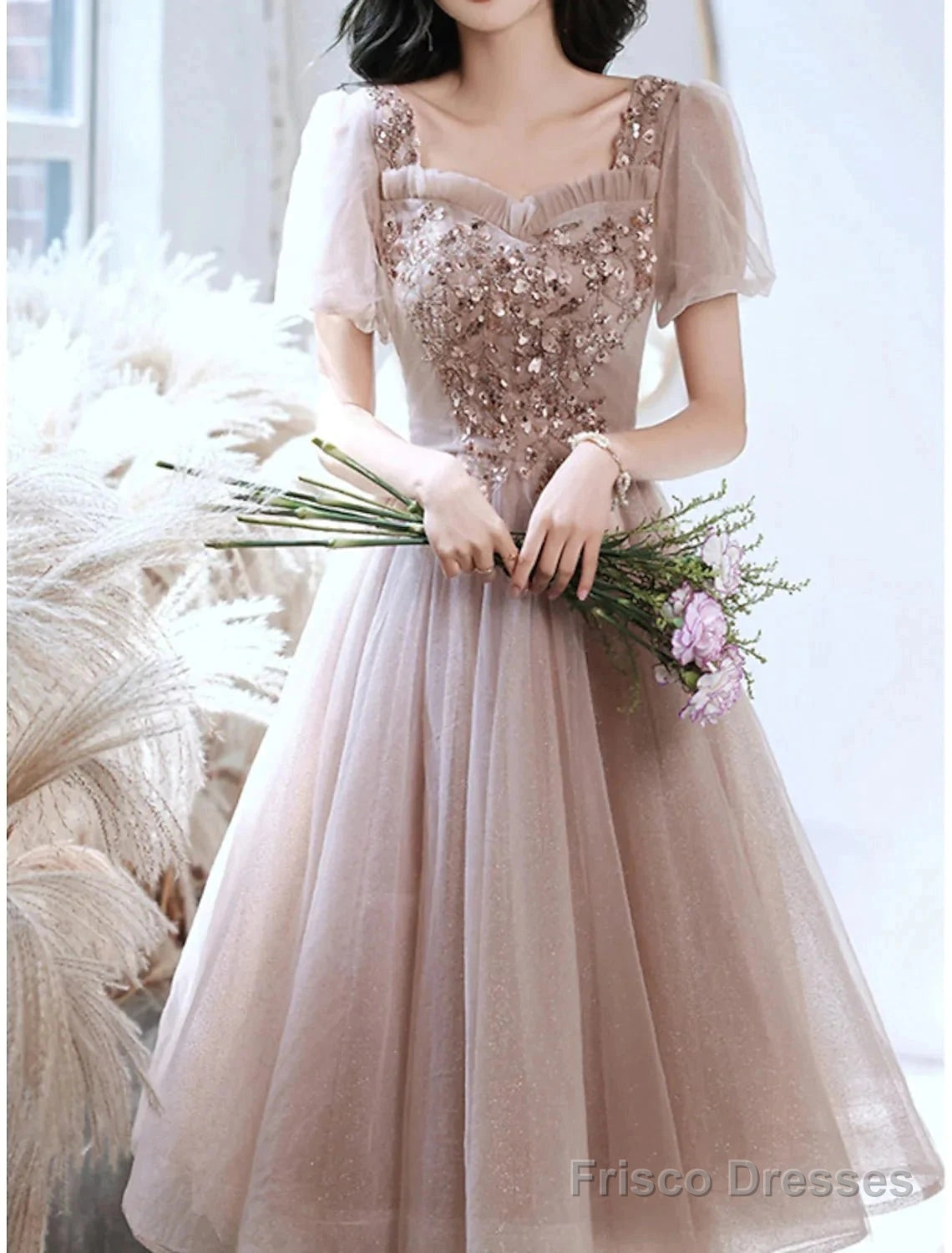 A-Line Bridesmaid Dress Square Neck Short Sleeve Elegant Tea Length Tulle With Sequin / Ruffles