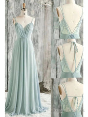 A-Line Bridesmaid Dress V Neck / Spaghetti Strap Sleeveless Sexy Floor Length Chiffon / Lace With Appliques