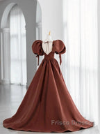 A-Line Brown Satin Ball Gown Short Sleeves Long Party Dress V-Neckline Formal Prom Dress