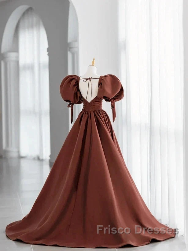 A-Line Brown Satin Ball Gown Short Sleeves Long Party Dress V-Neckline Formal Prom Dress