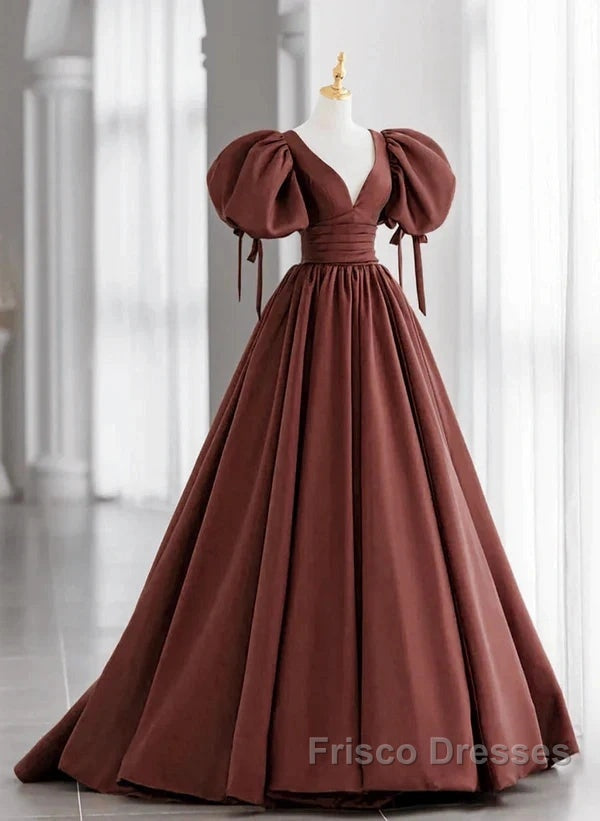 A-Line Brown Satin Ball Gown Short Sleeves Long Party Dress V-Neckline Formal Prom Dress