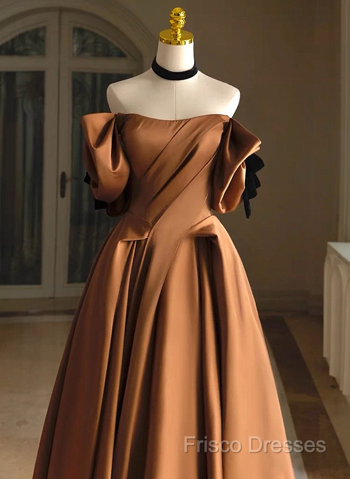 A-Line Brown Satin Off Shoulder Scoop Long Formal Prom Dress, Satin Formal Dress