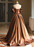 A-Line Brown Satin Off Shoulder Scoop Long Formal Prom Dress, Satin Formal Dress