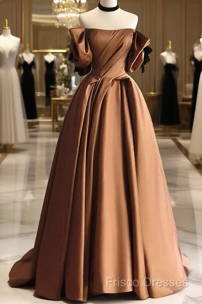 A-Line Brown Satin Off Shoulder Scoop Long Formal Prom Dress, Satin Formal Dress Main image