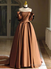A-Line Brown Satin Off Shoulder Scoop Long Prom Dress, Satin Evening Dress