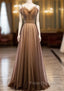 A-Line Brown Tulle Spagehtti Straps Beading Sequins Formal Prom Dress