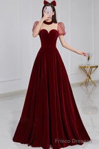 A line Burgundy Evening Party Dress Velvet Long Prom Dress