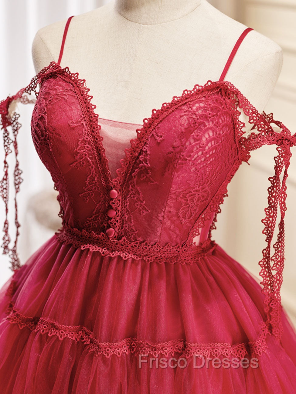 A-Line Burgundy Lace Short Formal Prom Dress, Burgundy Puffy Homecoming Dress
