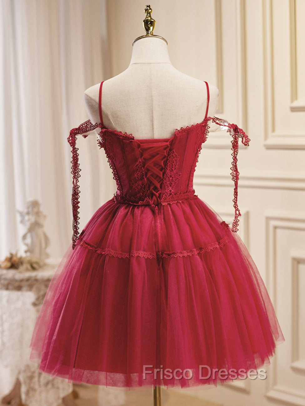 A-Line Burgundy Lace Short Formal Prom Dress, Burgundy Puffy Homecoming Dress Secondary image