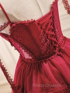 A-Line Burgundy Lace Short Formal Prom Dress, Burgundy Puffy Homecoming Dress