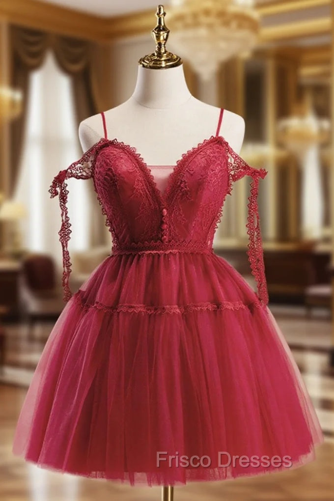 A-Line Burgundy Lace Short Formal Prom Dress, Burgundy Puffy Homecoming Dress Main image