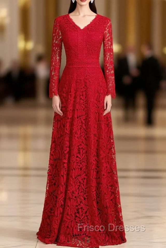 A-Line Burgundy Lace V-neck Long Sleeve Formal Prom Dress
