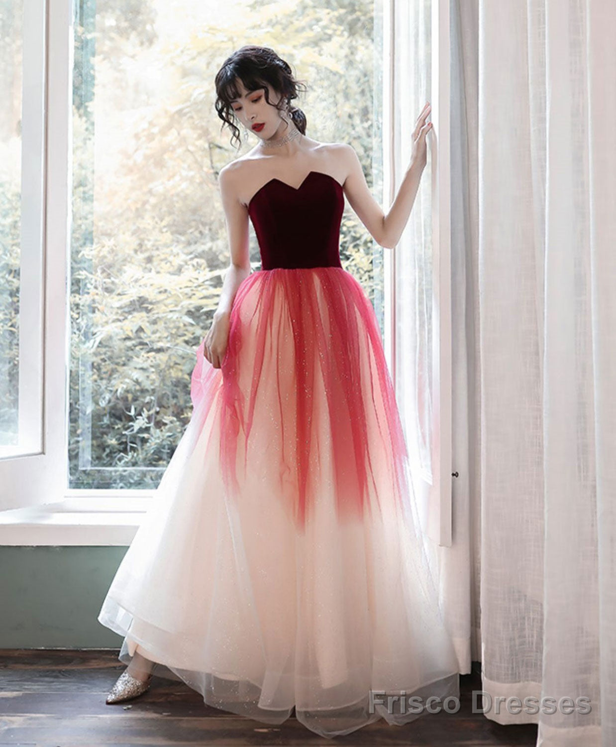 A-Line Burgundy Long Prom Dresses, Burgundy Formal Evening Dress With Velvet