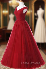 A Line Burgundy Long V-neck Tulle Formal Prom Dress