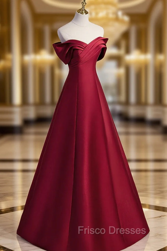 A-Line Burgundy Off Shoulder Long Formal Prom Dress, Burgundy Evening Dress Main image