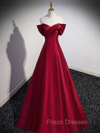 A-Line Burgundy Off Shoulder Long Formal Prom Dress, Burgundy Evening Dress