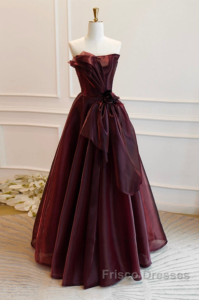 A-Line Burgundy Organza Burgundy Long Formal Prom Dress, Burgundy Long Evening Dress