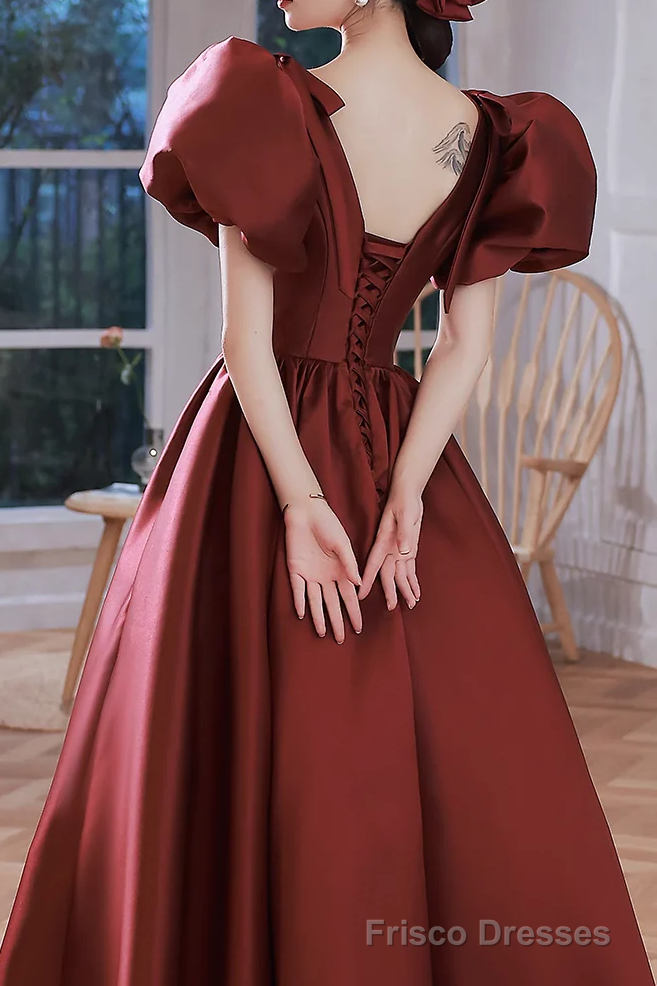 A line Burgundy Party Dresses Long Satin Prom Dresses