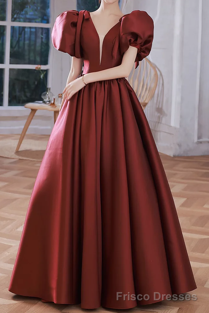 A line Burgundy Party Dresses Long Satin Prom Dresses