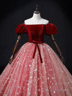 A-Line Burgundy/Pink Tulle Long Prom Dress, Burgundy/Pink Sweet 16 Dress