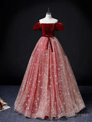 A-Line Burgundy/Pink Tulle Long Prom Dress, Burgundy/Pink Sweet 16 Dress
