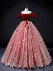 A-Line Burgundy/Pink Tulle Long Prom Dress, Burgundy/Pink Sweet 16 Dress