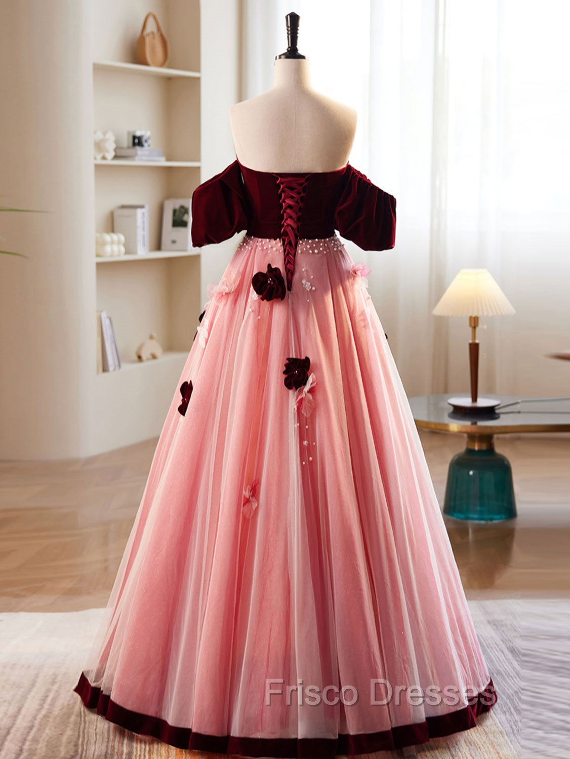 A-Line Burgundy/Pink Tulle Velvet Long Formal Prom Dress, Burgundy Formal Dress Secondary image