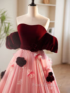 A-Line Burgundy/Pink Tulle Velvet Long Formal Prom Dress, Burgundy Formal Dress