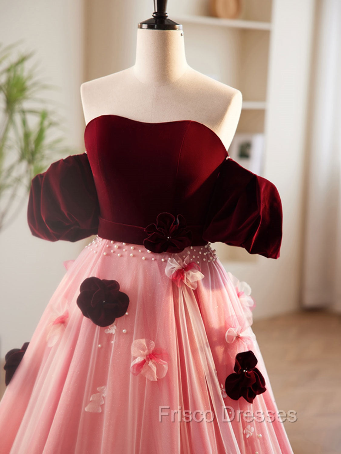 A-Line Burgundy/Pink Tulle Velvet Long Formal Prom Dress, Burgundy Formal Dress