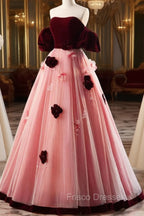 A-Line Burgundy/Pink Tulle Velvet Long Formal Prom Dress, Burgundy Formal Dress
