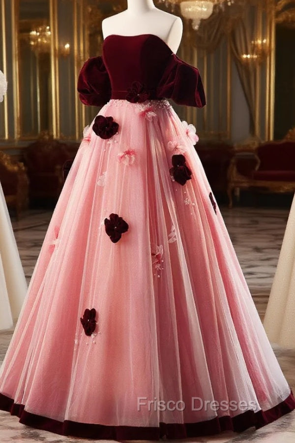 A-Line Burgundy/Pink Tulle Velvet Long Formal Prom Dress, Burgundy Formal Dress