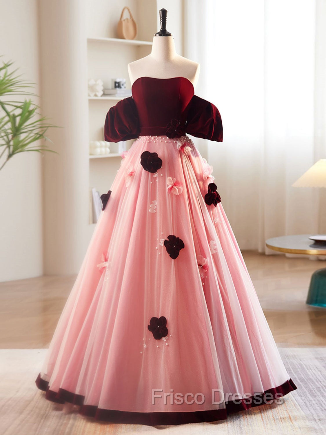 A-Line Burgundy/Pink Tulle Velvet Long Formal Prom Dress, Burgundy Formal Dress Main image