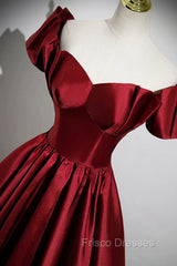 A-Line Burgundy Satin Floor Length Formal Prom Dress, Off the Shoulder New Party Dress