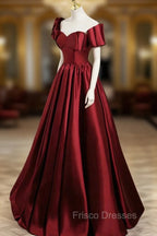 A-Line Burgundy Satin Floor Length Formal Prom Dress, Off the Shoulder New Party Dress