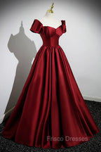 A-Line Burgundy Satin Floor Length Formal Prom Dress, Off the Shoulder New Party Dress