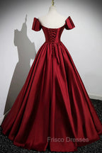 A-Line Burgundy Satin Floor Length Formal Prom Dress, Off the Shoulder New Party Dress