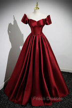 A-Line Burgundy Satin Floor Length Formal Prom Dress, Off the Shoulder New Party Dress