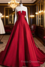 A-Line Burgundy Satin Long Formal Prom Dress, Burgundy Long Formal Dress