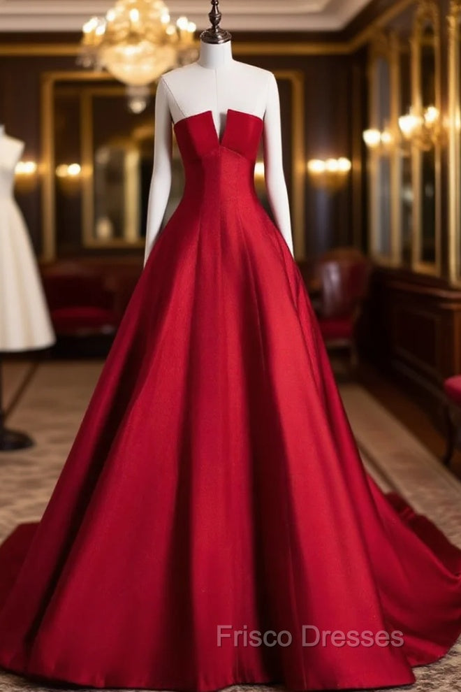 A-Line Burgundy Satin Long Formal Prom Dress, Burgundy Long Formal Dress