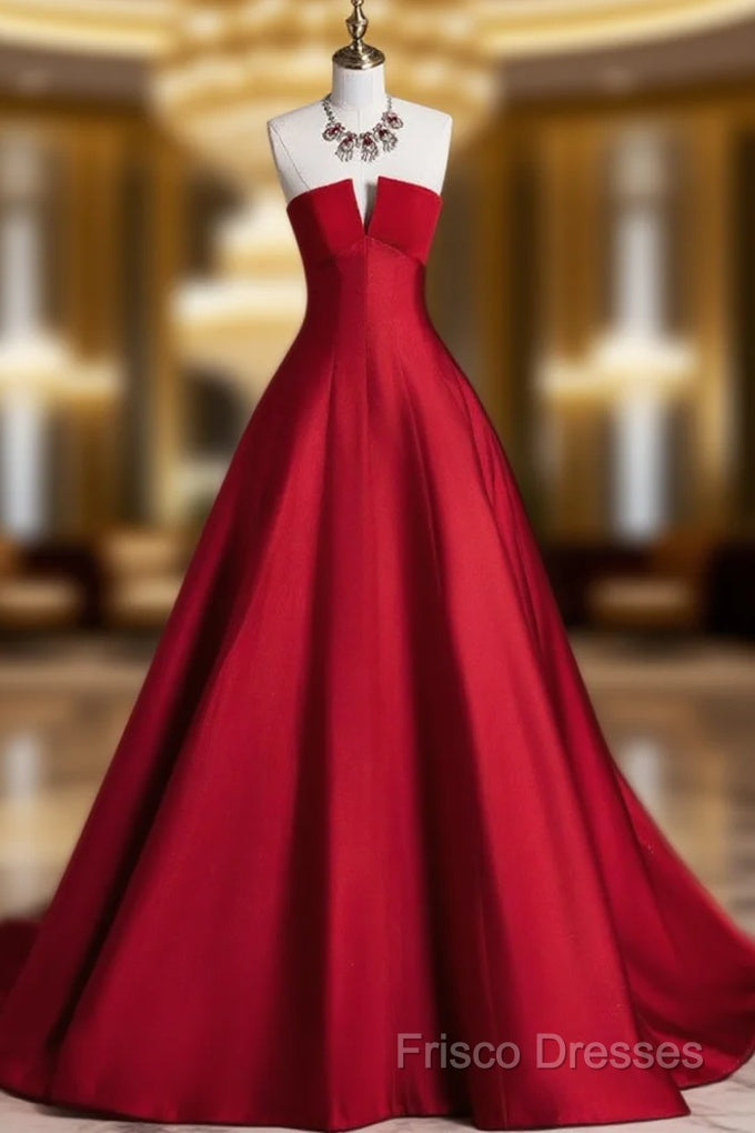 A-Line Burgundy Satin Long Formal Prom Dress, Burgundy Long Formal Dress Main image